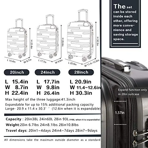 Coolife Luggage Expandable 3 Piece Set with TSA Lock - Grey