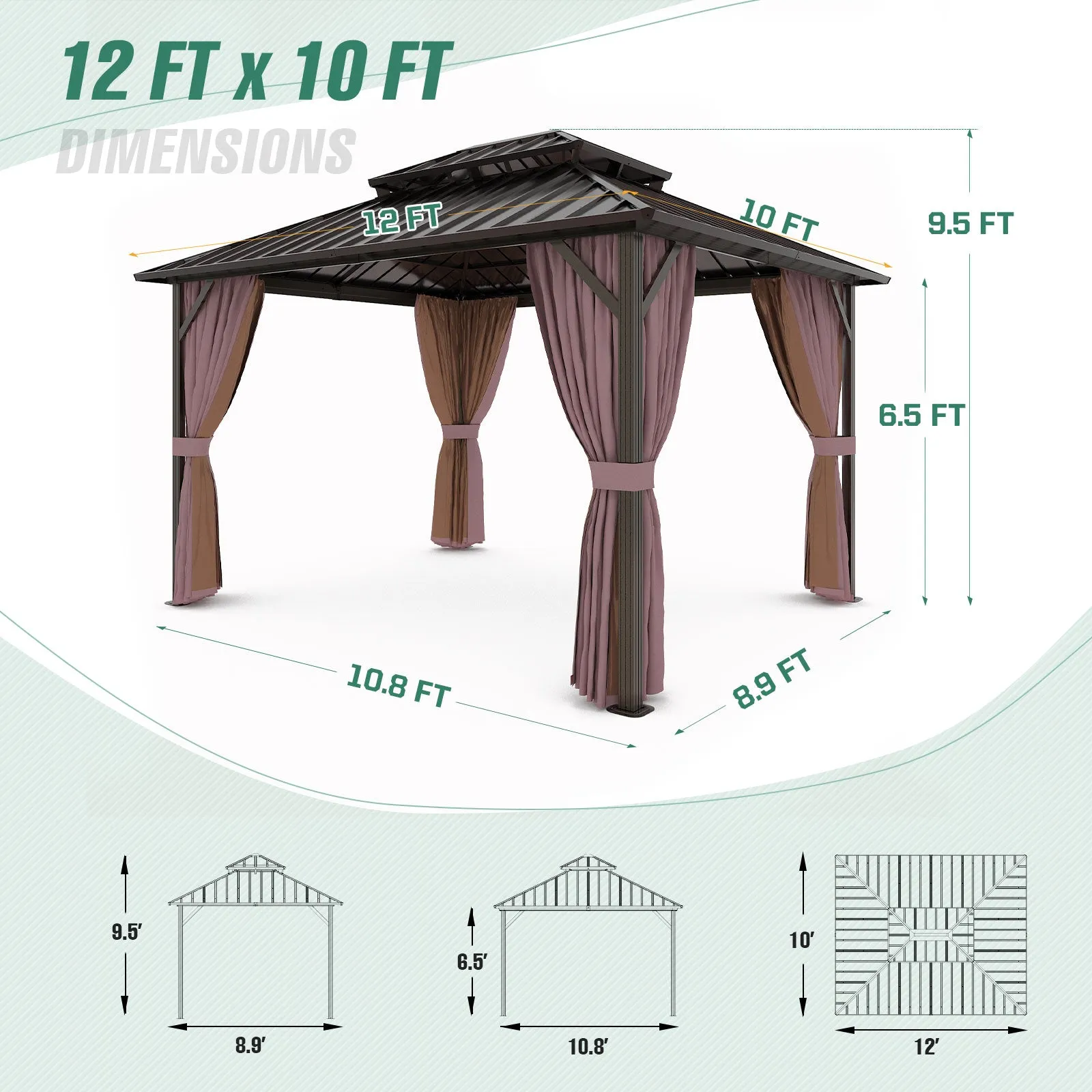 COOS BAY Double Galvanized Steel Roof and Aluminum Frame Gazebo with Curtains and Netting