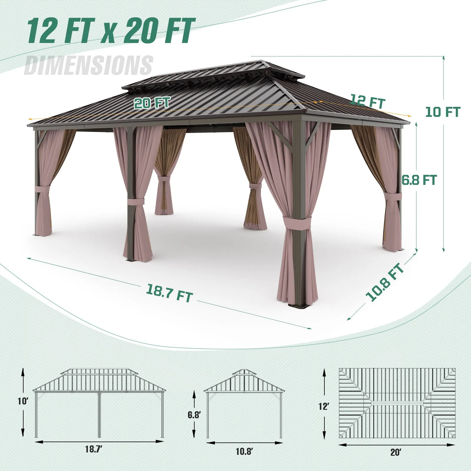 COOS BAY Double Galvanized Steel Roof and Aluminum Frame Gazebo with Curtains and Netting