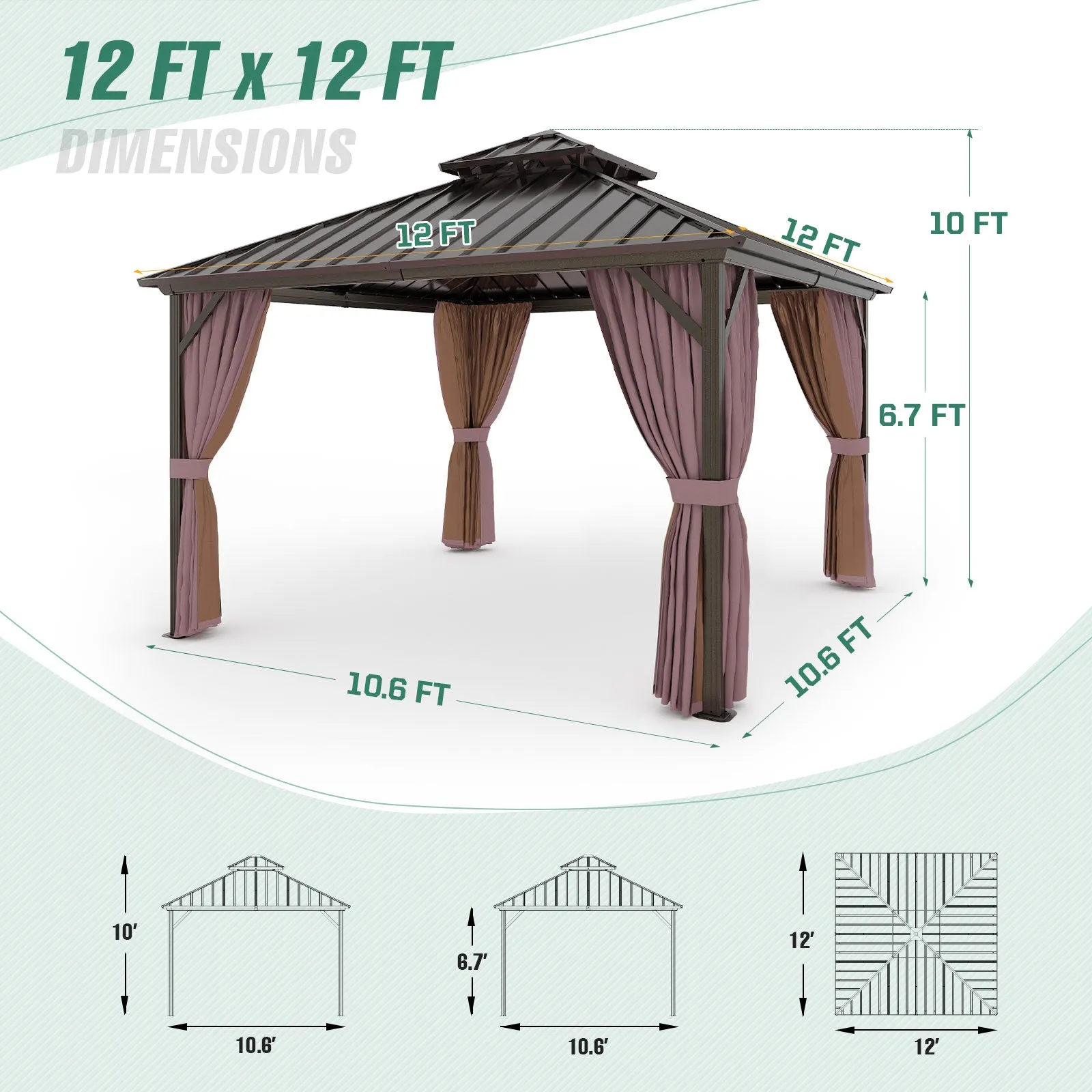 COOS BAY Double Galvanized Steel Roof and Aluminum Frame Gazebo with Curtains and Netting