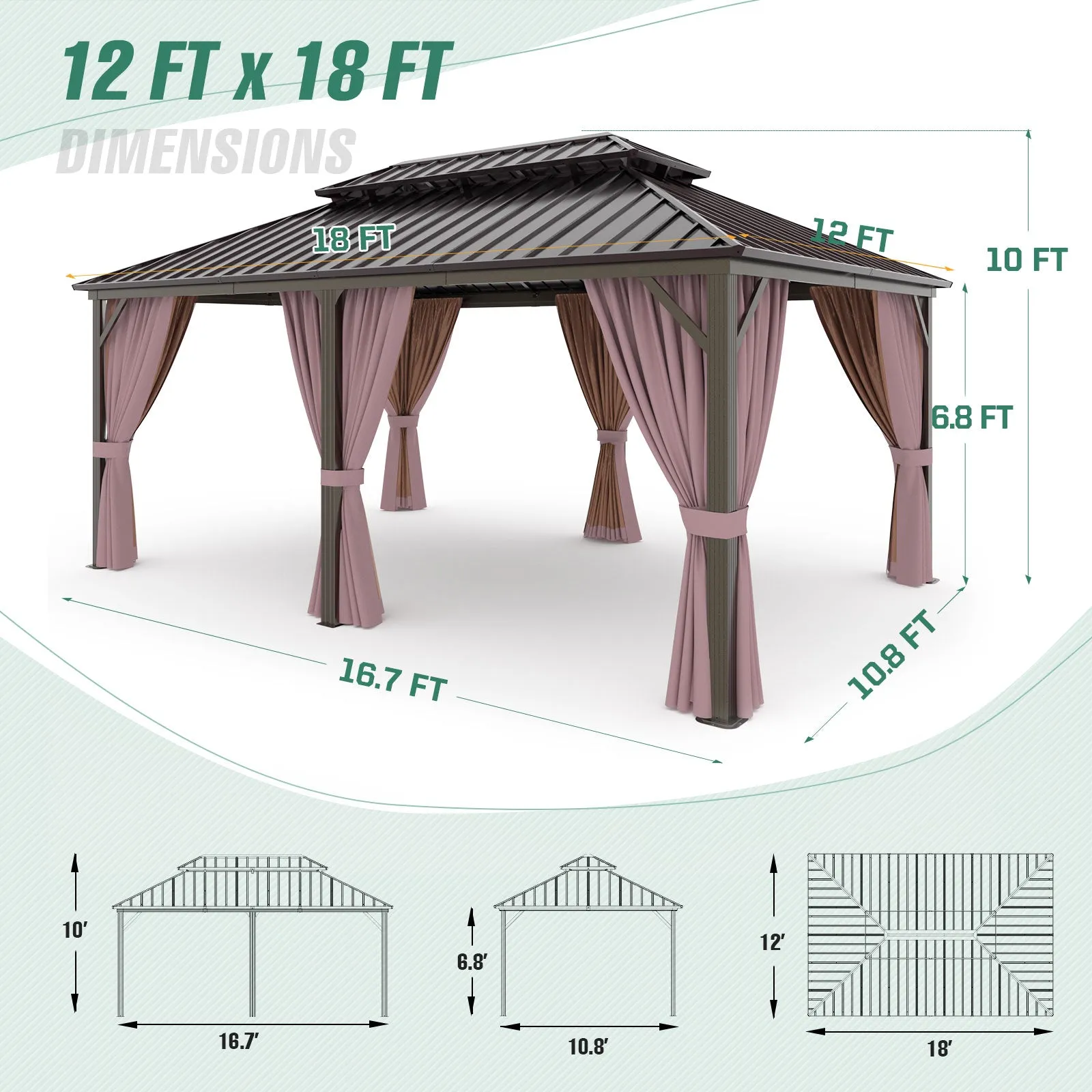 COOS BAY Double Galvanized Steel Roof and Aluminum Frame Gazebo with Curtains and Netting