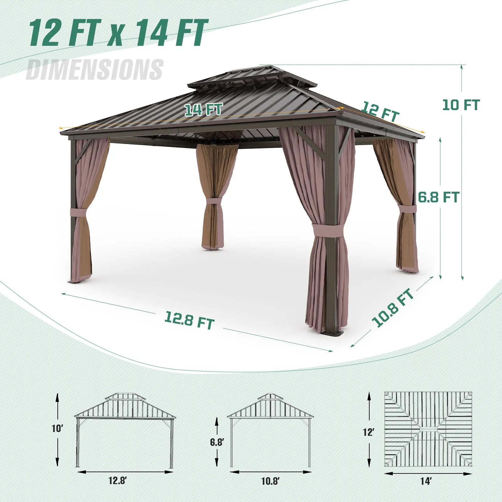 COOS BAY Double Galvanized Steel Roof and Aluminum Frame Gazebo with Curtains and Netting