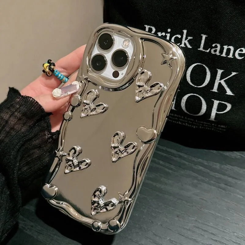 Cute Bling Glamorous Electroplated Silver Hearts Design Protective Shockproof Phone Case for iPhone X XS XR 11 12 13 14 15 Pro Max Case