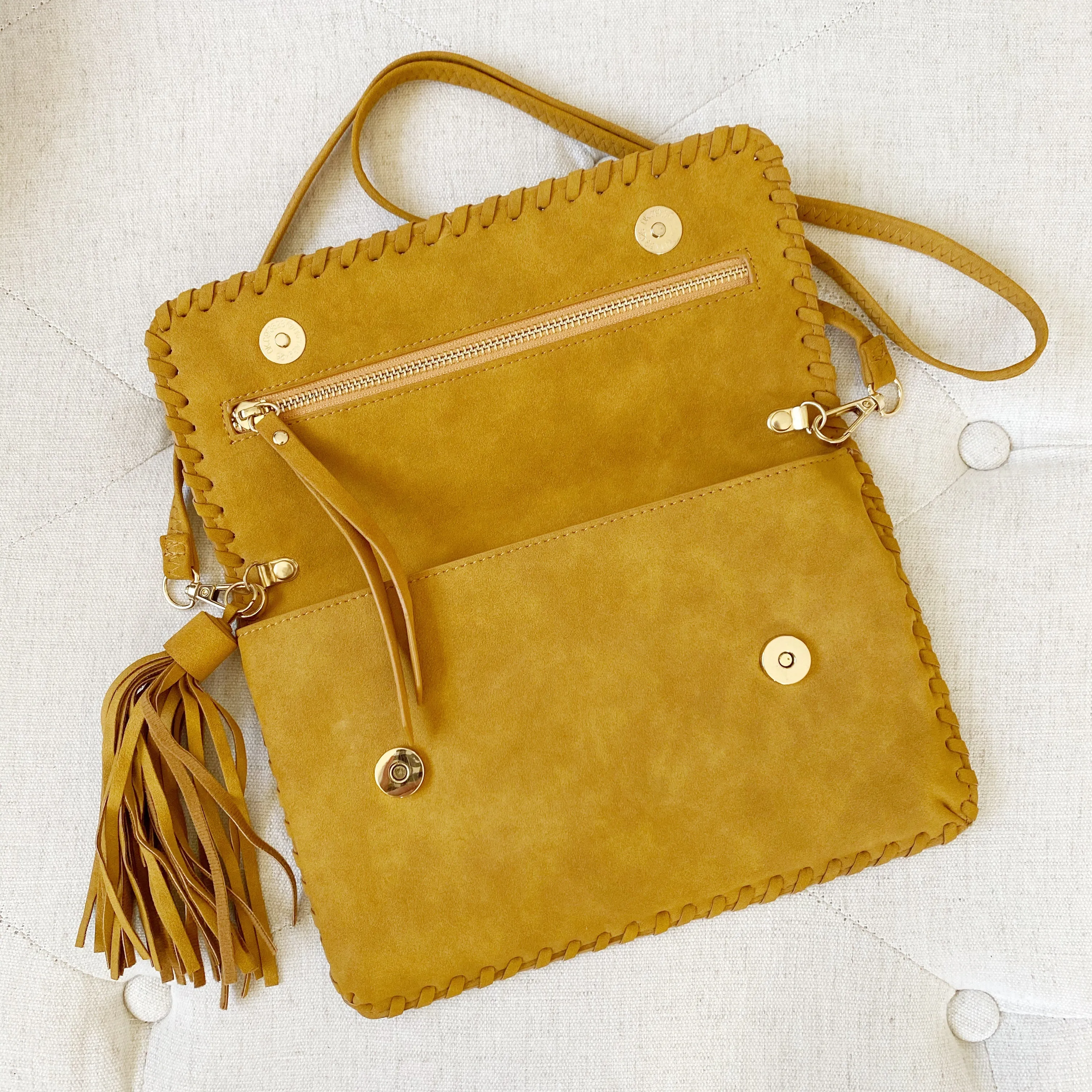 Faux Leather Suede Fringe Hobo Clutch Crossbody