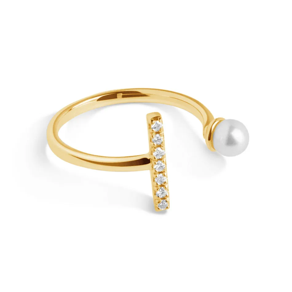 FJ0060 925 Sterling Silver Pearl & Zircon Bar Open Ring