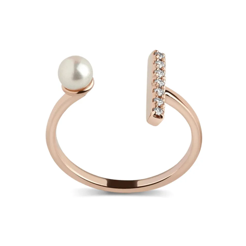 FJ0060 925 Sterling Silver Pearl & Zircon Bar Open Ring