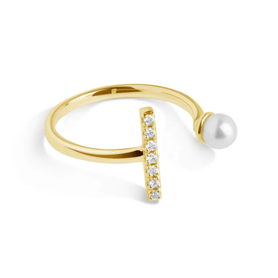 FJ0060 925 Sterling Silver Pearl & Zircon Bar Open Ring