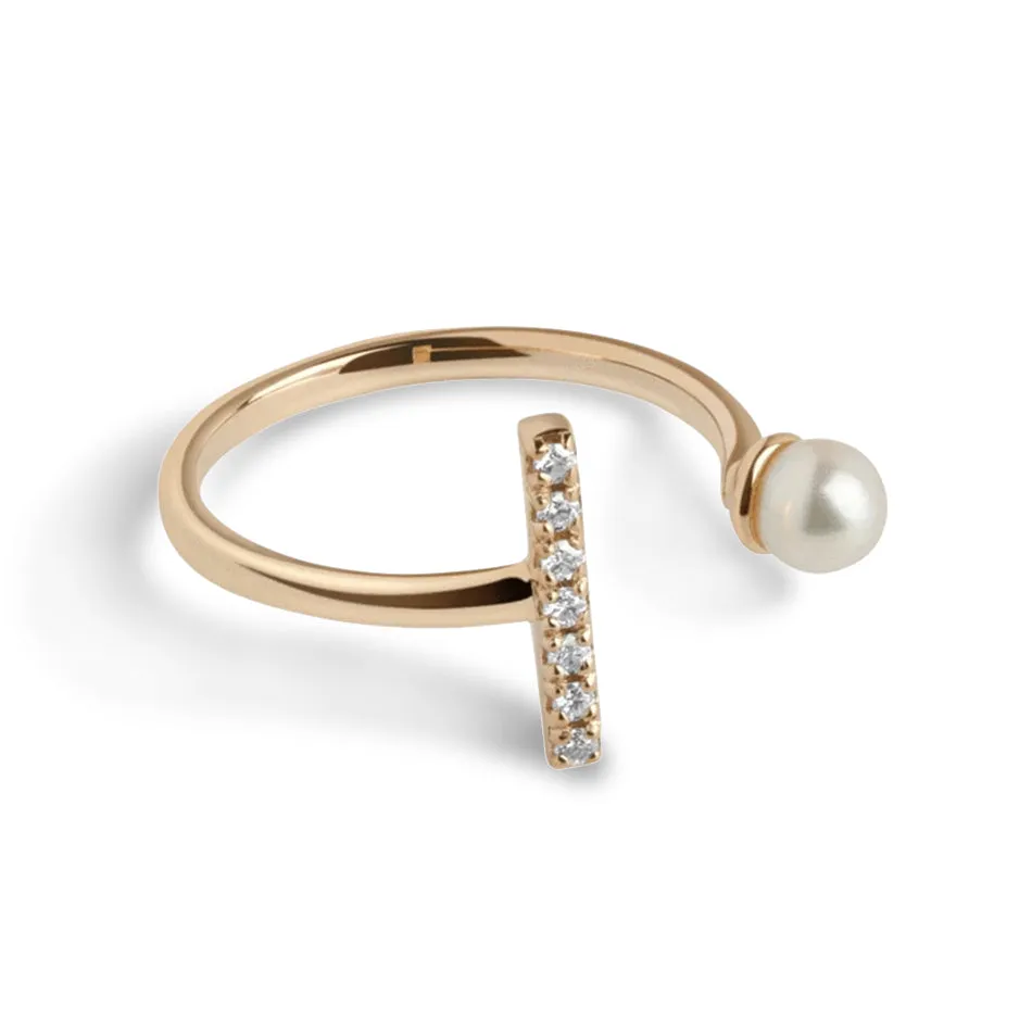 FJ0060 925 Sterling Silver Pearl & Zircon Bar Open Ring