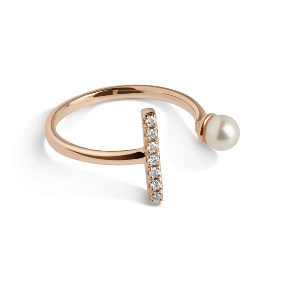 FJ0060 925 Sterling Silver Pearl & Zircon Bar Open Ring