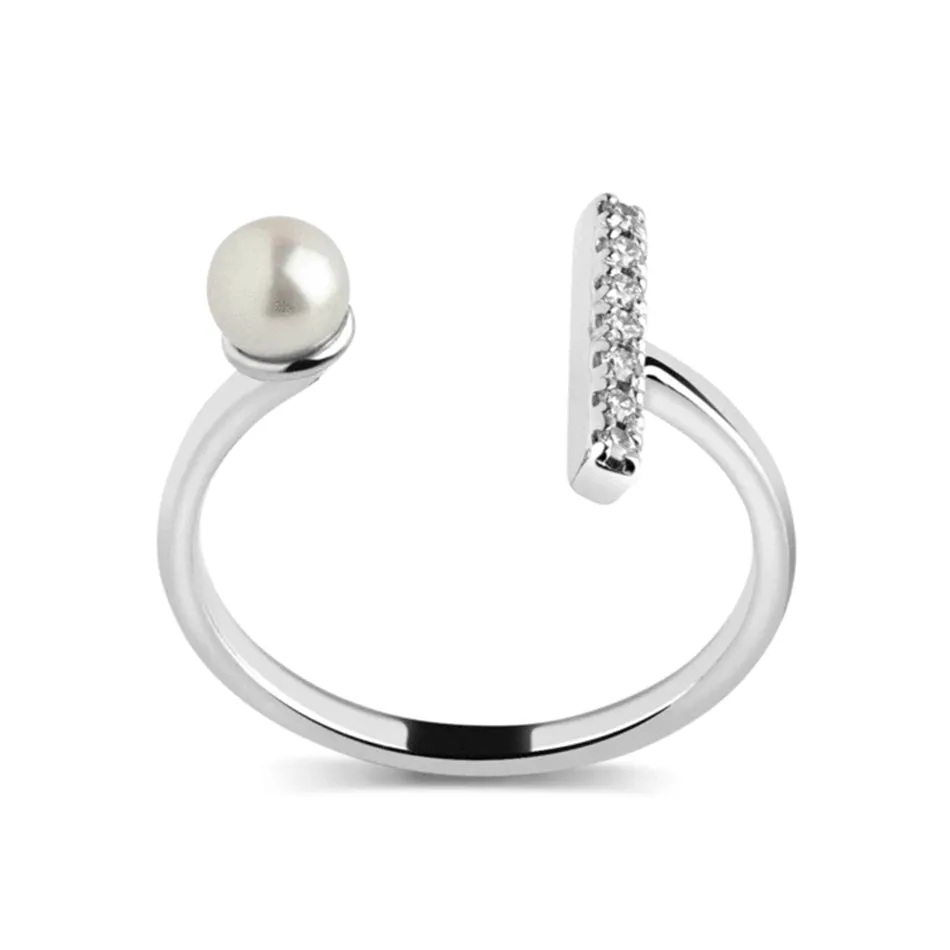 FJ0060 925 Sterling Silver Pearl & Zircon Bar Open Ring