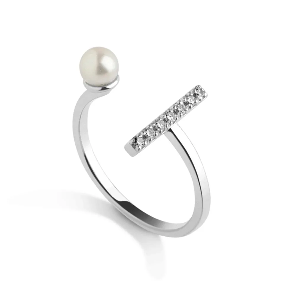 FJ0060 925 Sterling Silver Pearl & Zircon Bar Open Ring