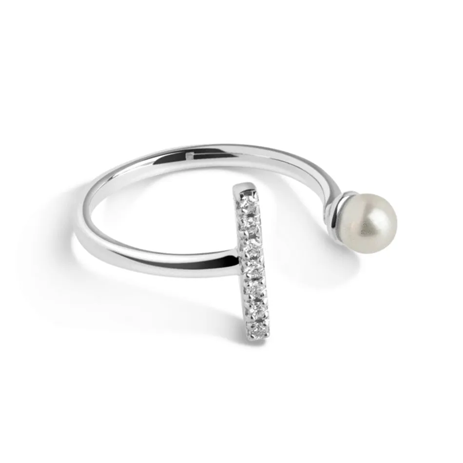 FJ0060 925 Sterling Silver Pearl & Zircon Bar Open Ring