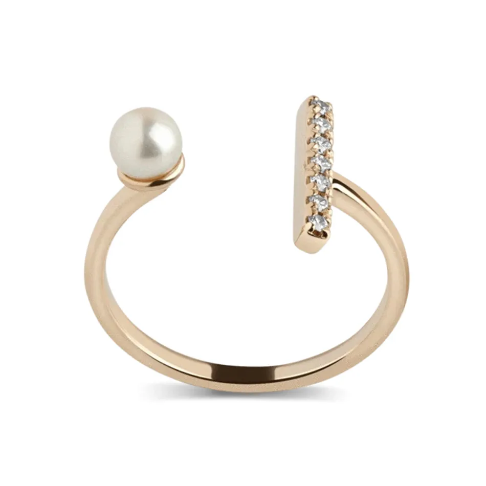 FJ0060 925 Sterling Silver Pearl & Zircon Bar Open Ring