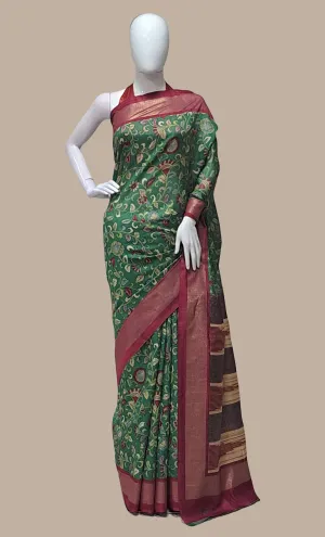 Green Cotton Printed Sari