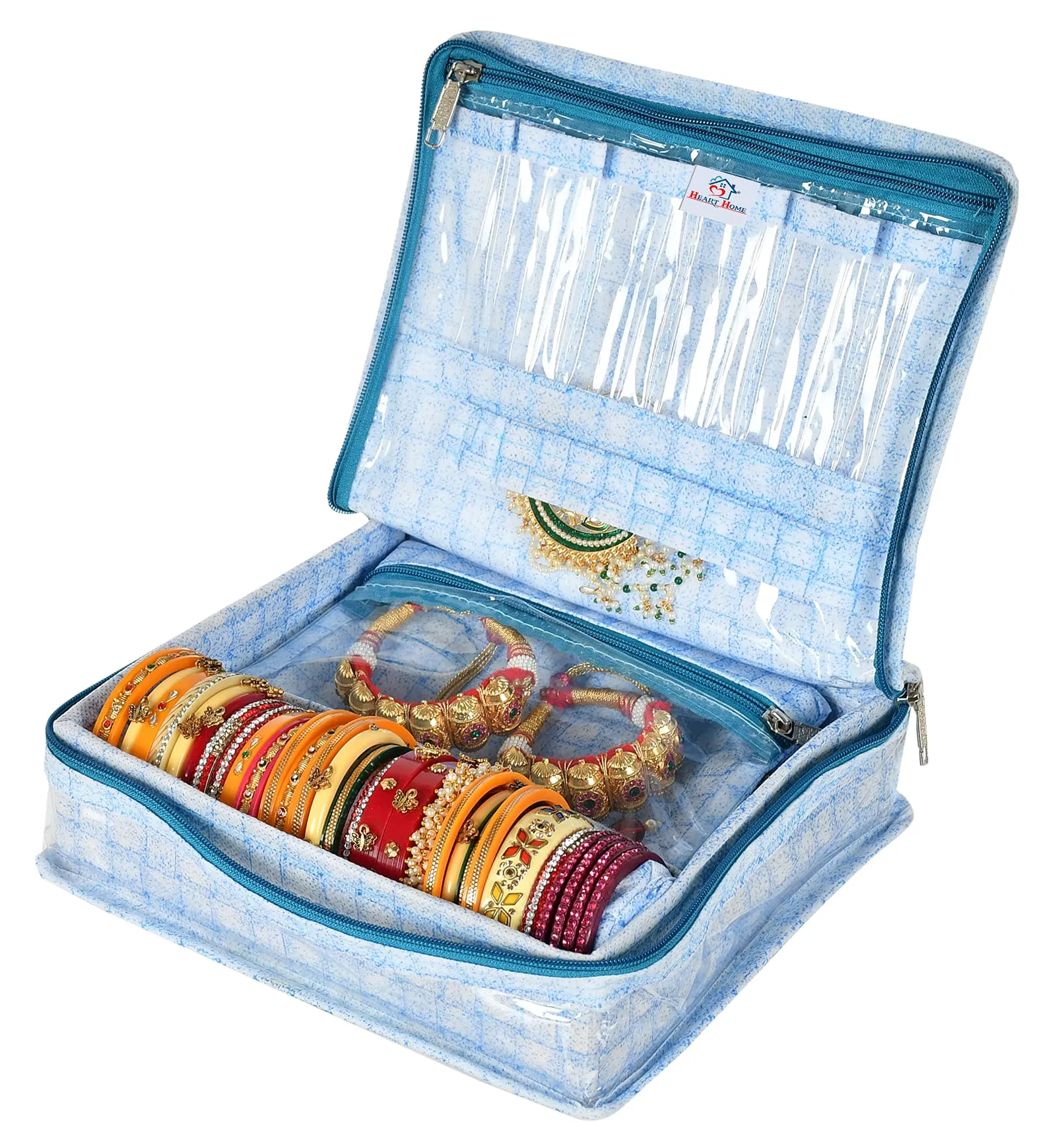 Heart Home Check Design Laminated PVC Jewellery Organizer With 4 Transparent Pouches & 1 Bangle/Watch Rod -Pack of 2 (Blue)-HS_38_HEARTH21275