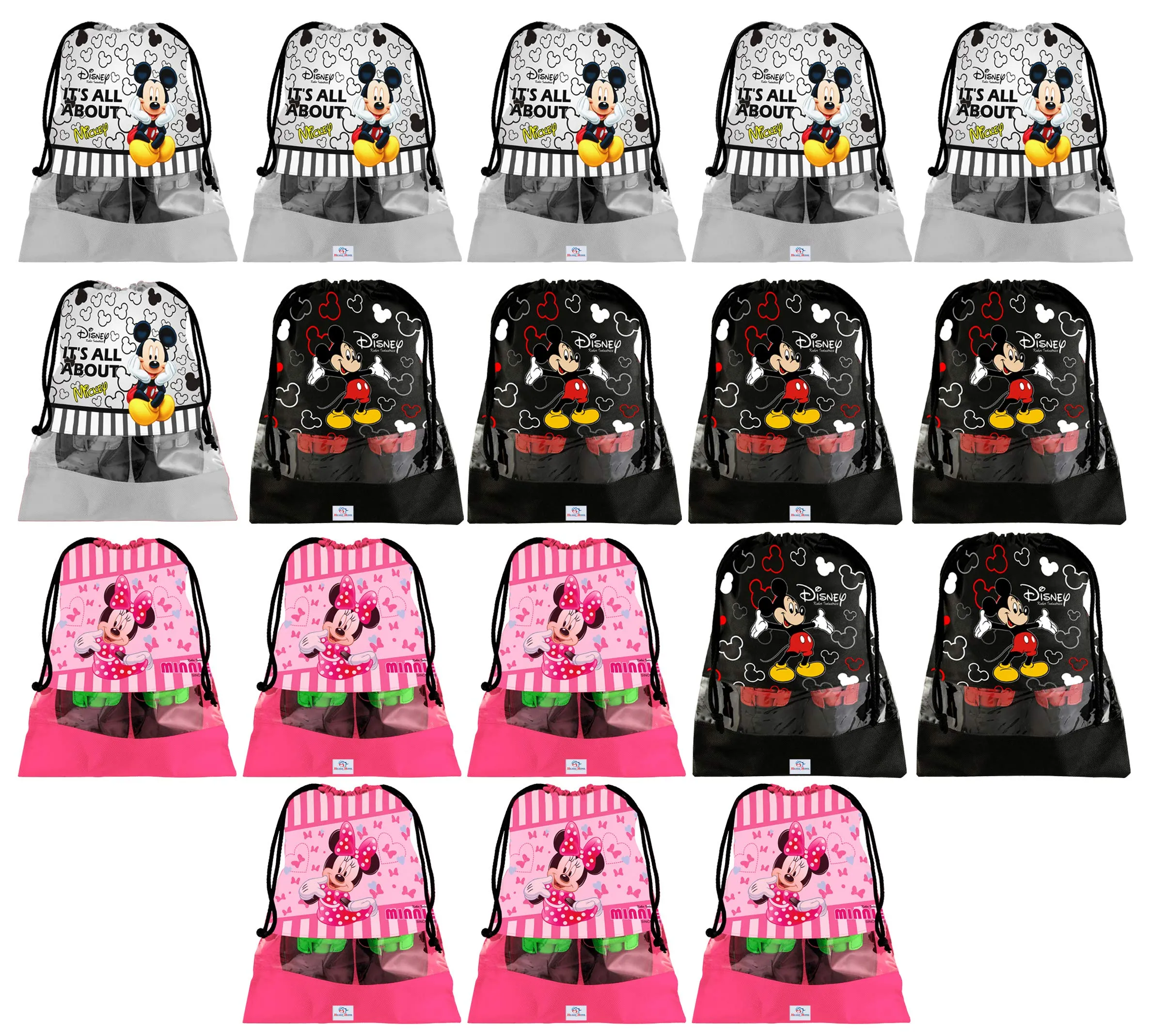 Heart Home Portable Travel Shoe Bags Dust-proof Shoe Organizer Space Saving Storage Bags, Disney Print (Set of 18,Black & Grey & Pink) -HS_35_HEARTHS18124