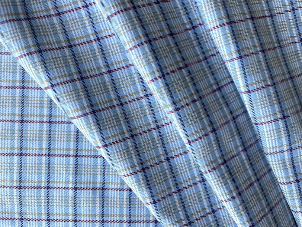 High-End Brushed Plaid Baby Blue & White Cotton Shirting (Made in Italy)