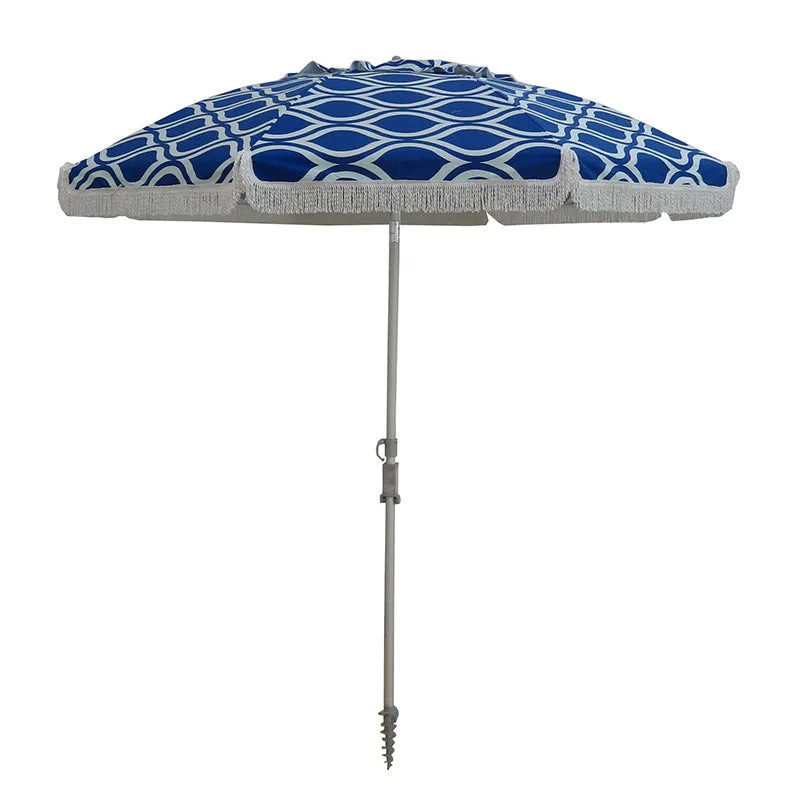 Hollie & Harrie Classic Fringe 210cm Canvas Beach Umbrella - Moroccan Blue