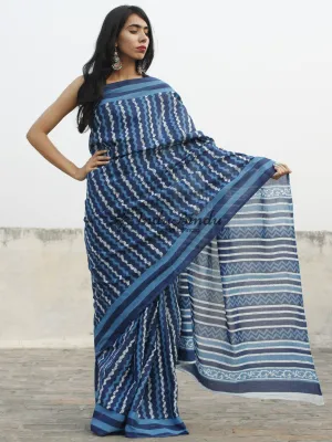 Indigo Blue White Hand Block Printed Cotton Saree In Natural Colors - S031702363