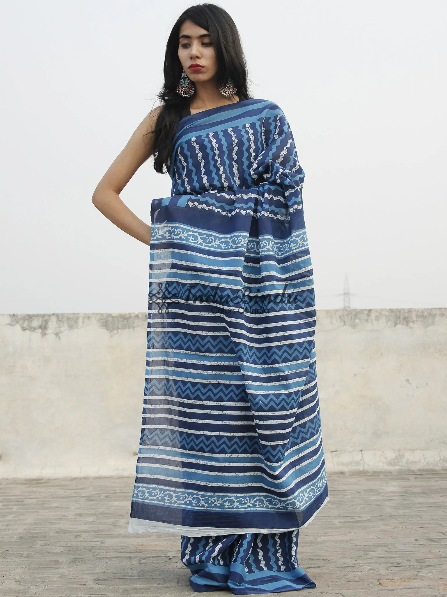 Indigo Blue White Hand Block Printed Cotton Saree In Natural Colors - S031702363