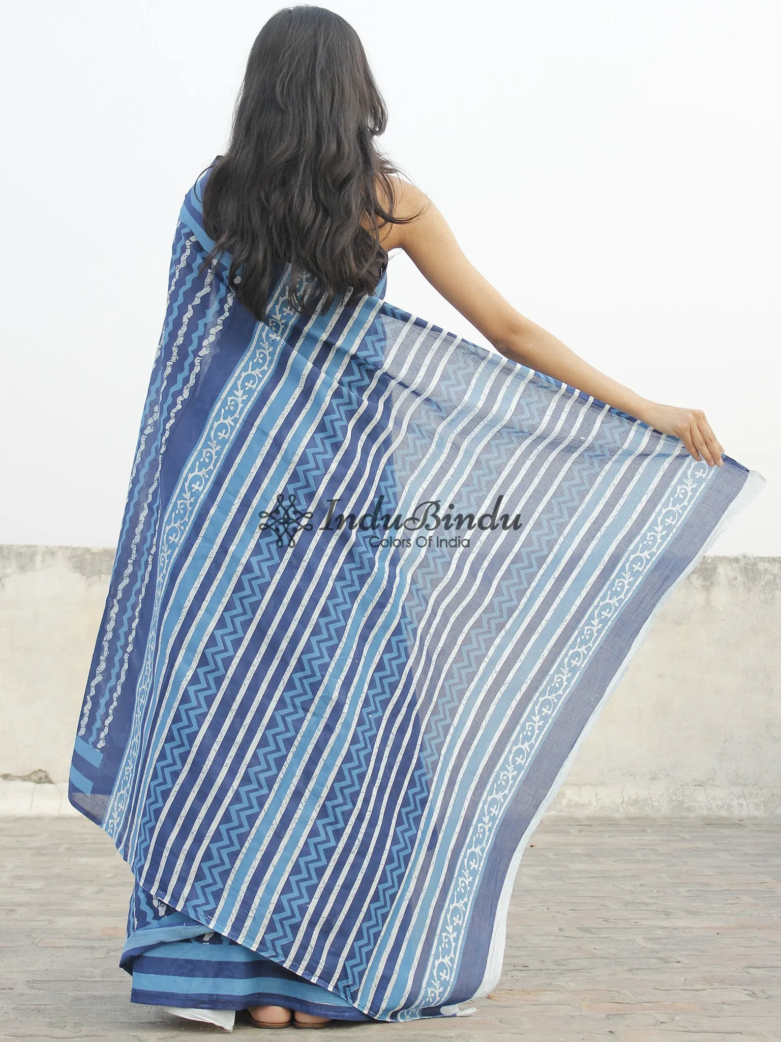 Indigo Blue White Hand Block Printed Cotton Saree In Natural Colors - S031702363