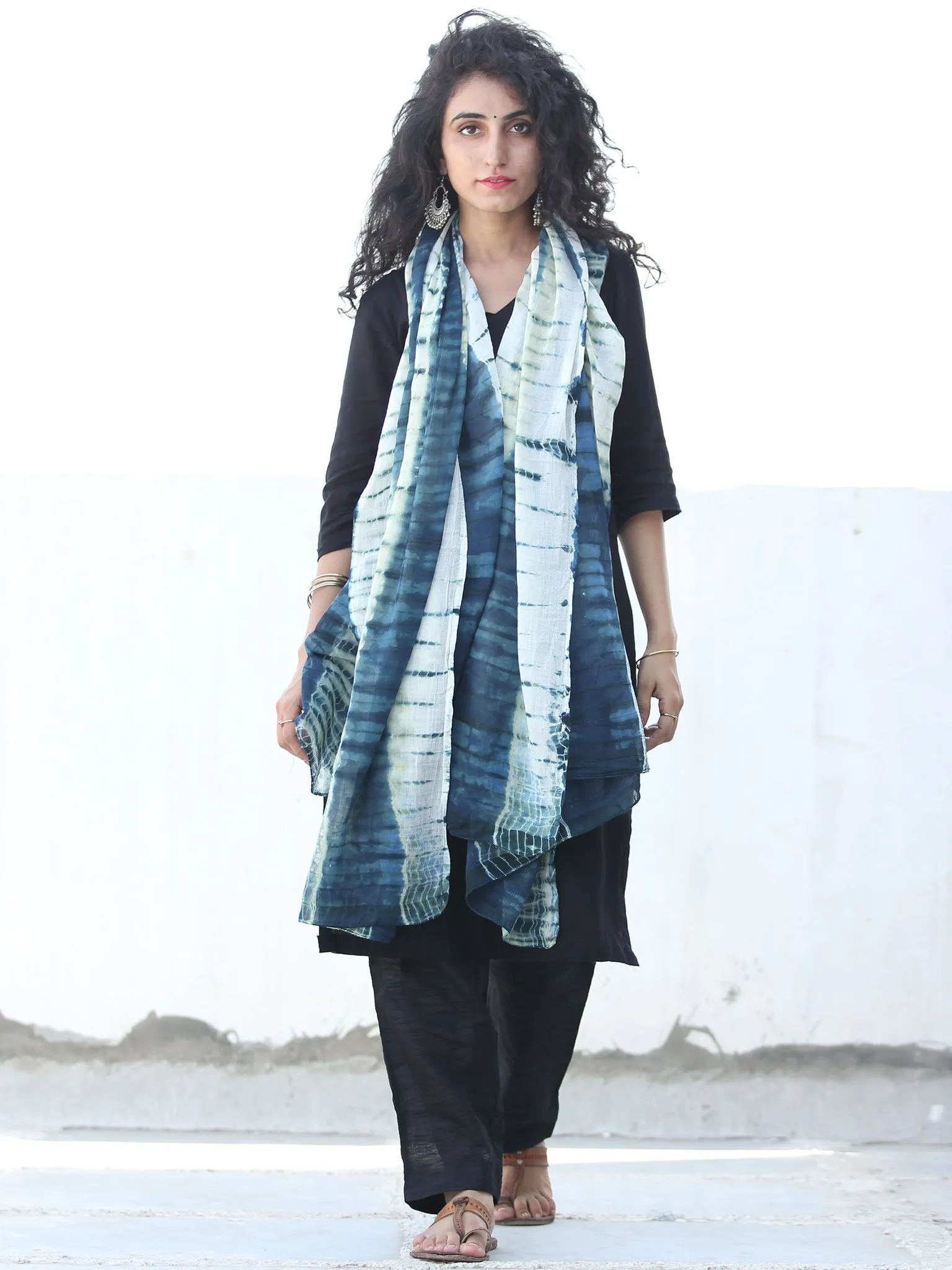 Indigo Ivory Shibori Cotton Hand Block Printed Dupatta  - D04170455