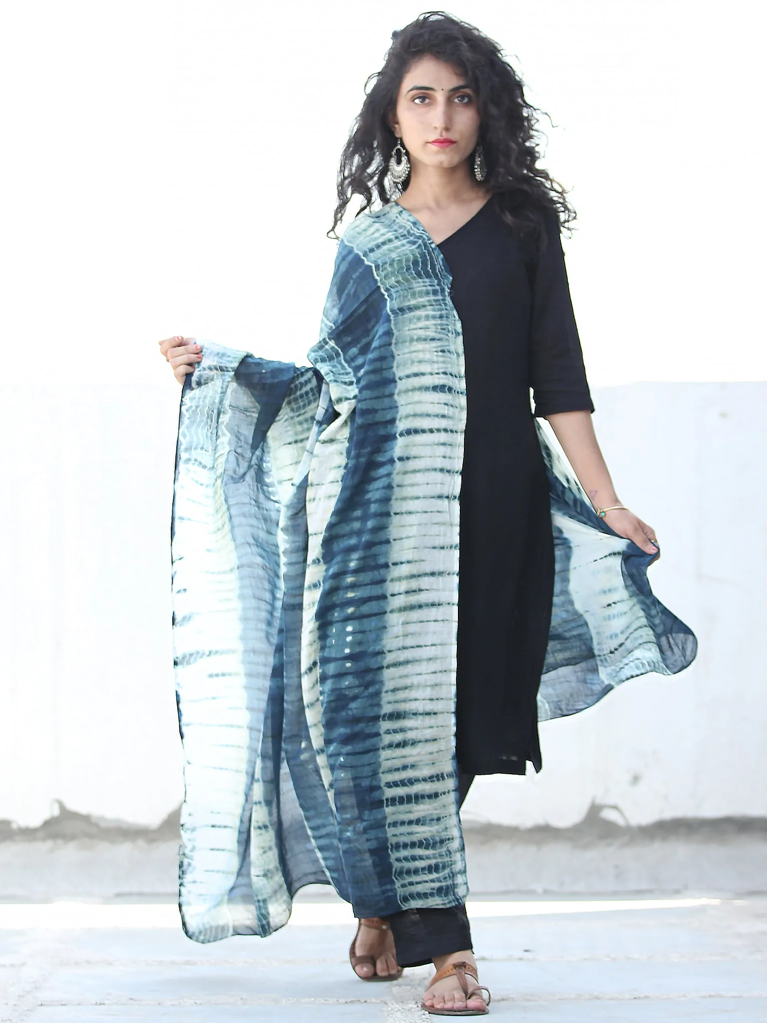 Indigo Ivory Shibori Cotton Hand Block Printed Dupatta  - D04170455