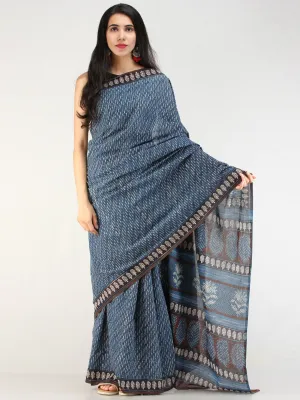 Indigo Offwhite Black Hand Block Printed  Cotton Mul Saree - s031704541