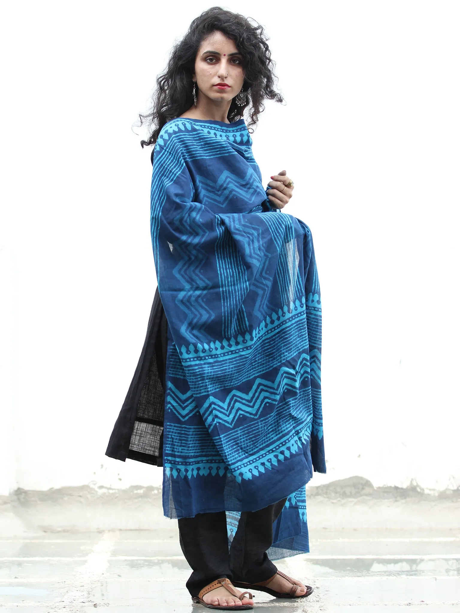 Indigo Sky Blue Cotton Hand Block Printed Dupatta - D04170423