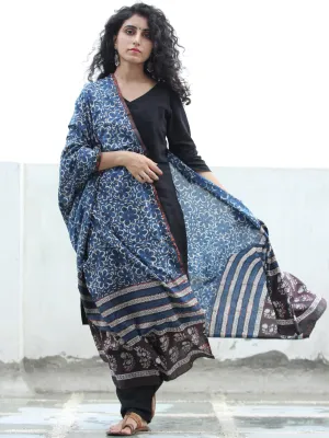 Indigo White & Brown Cotton Hand Block Printed Dupatta  - D04170406