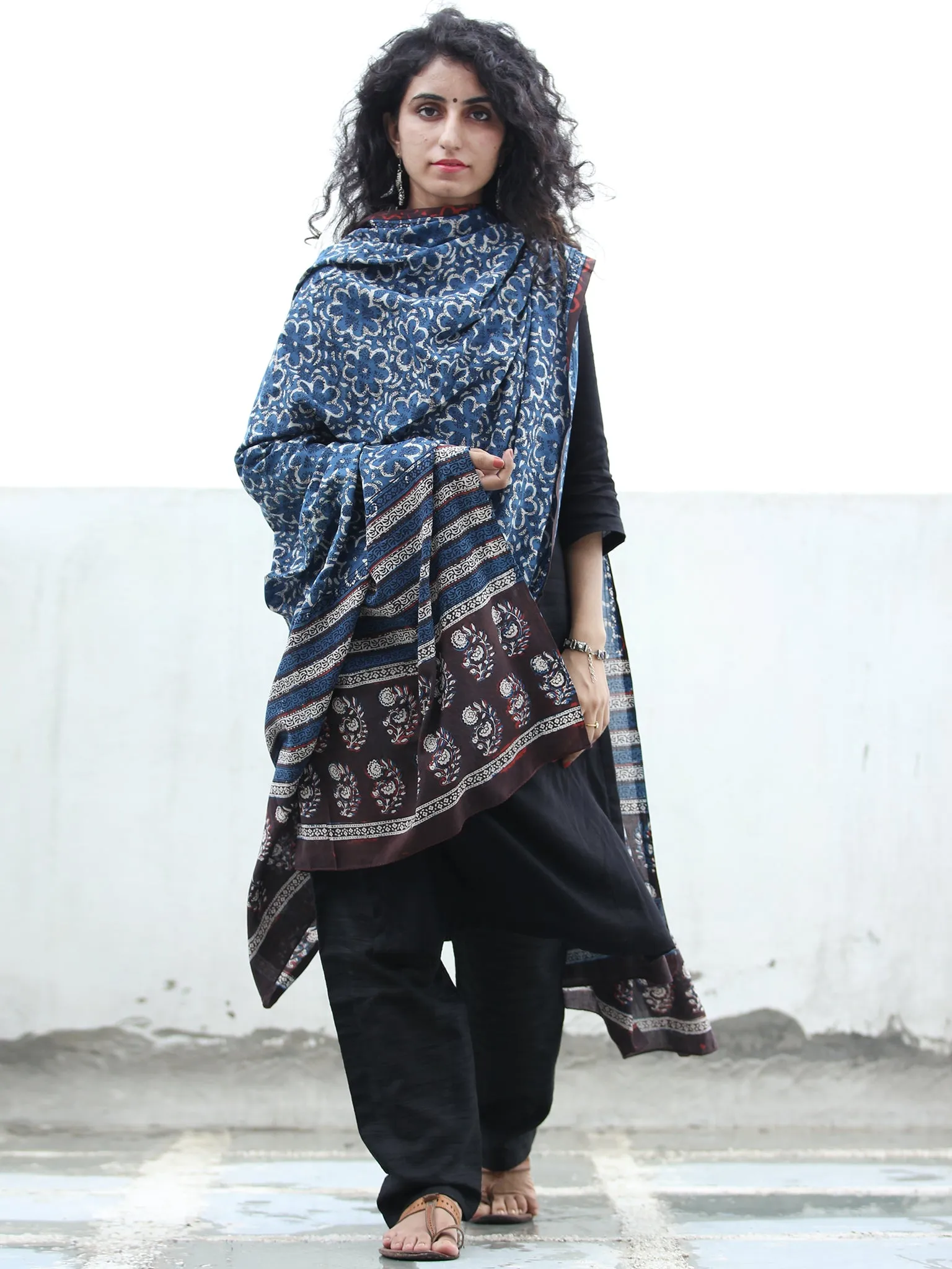 Indigo White & Brown Cotton Hand Block Printed Dupatta  - D04170406