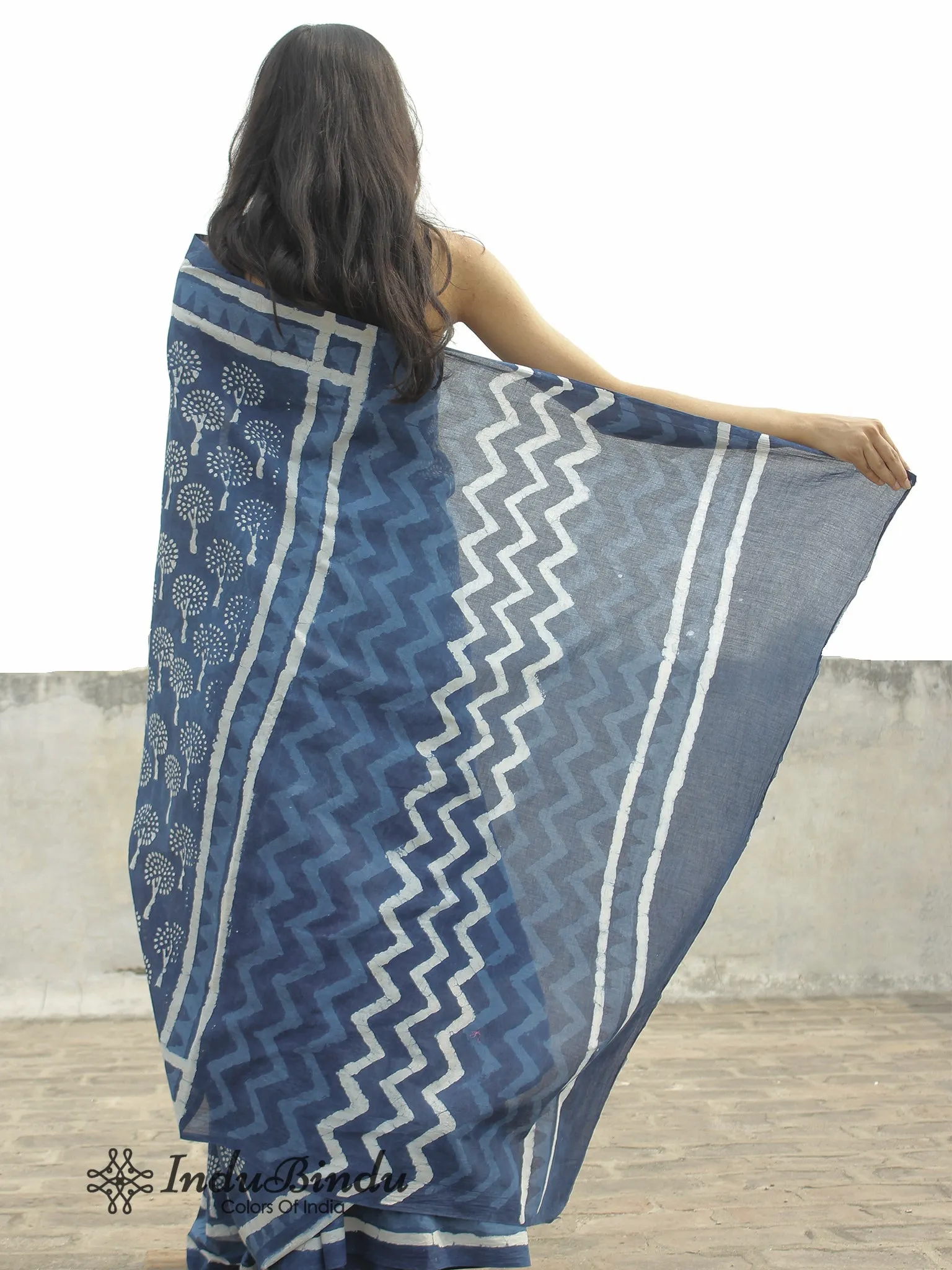 Indigo White Hand Block Printed Cotton Saree In Natural Colors - S031702373