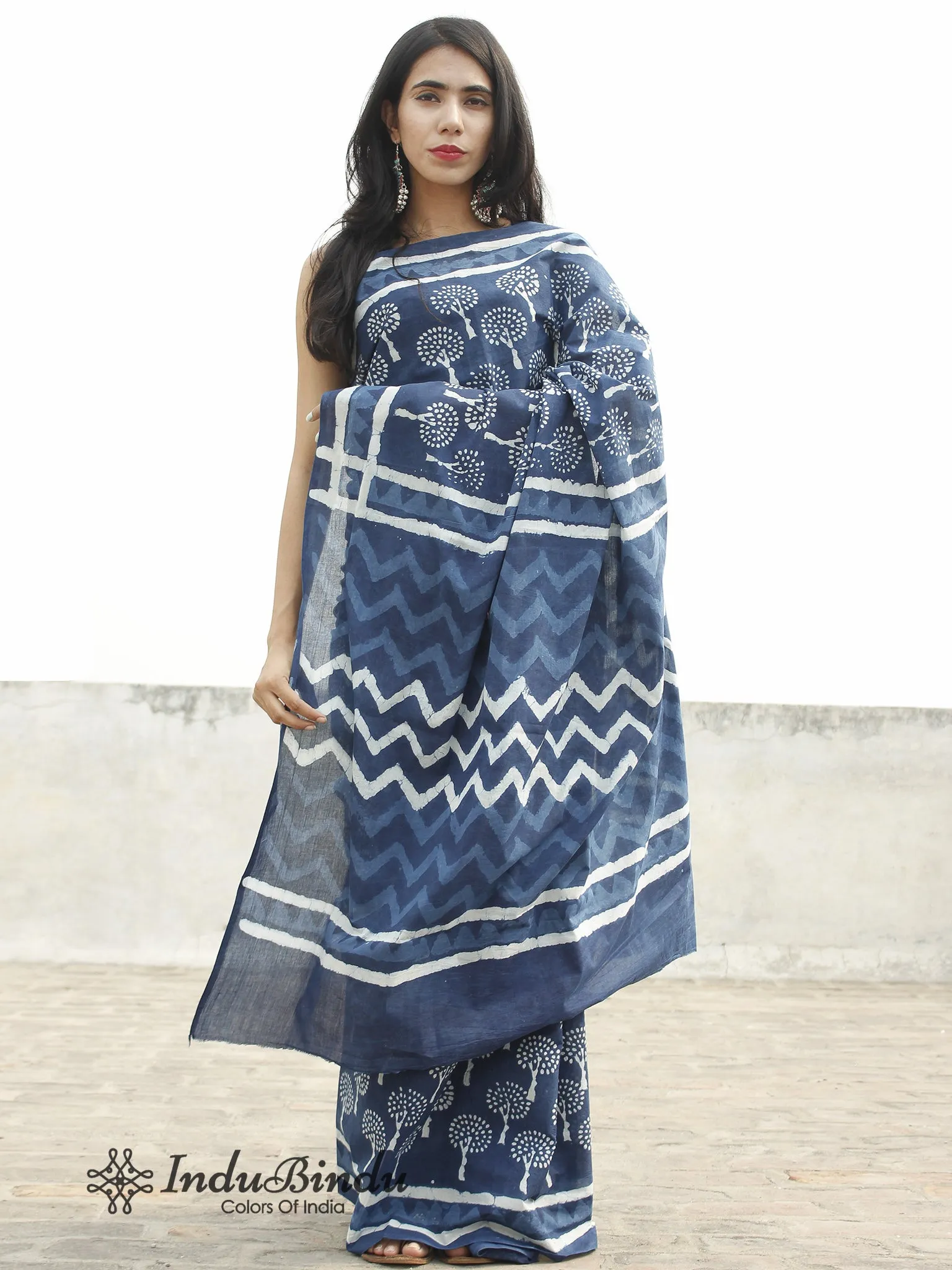 Indigo White Hand Block Printed Cotton Saree In Natural Colors - S031702373