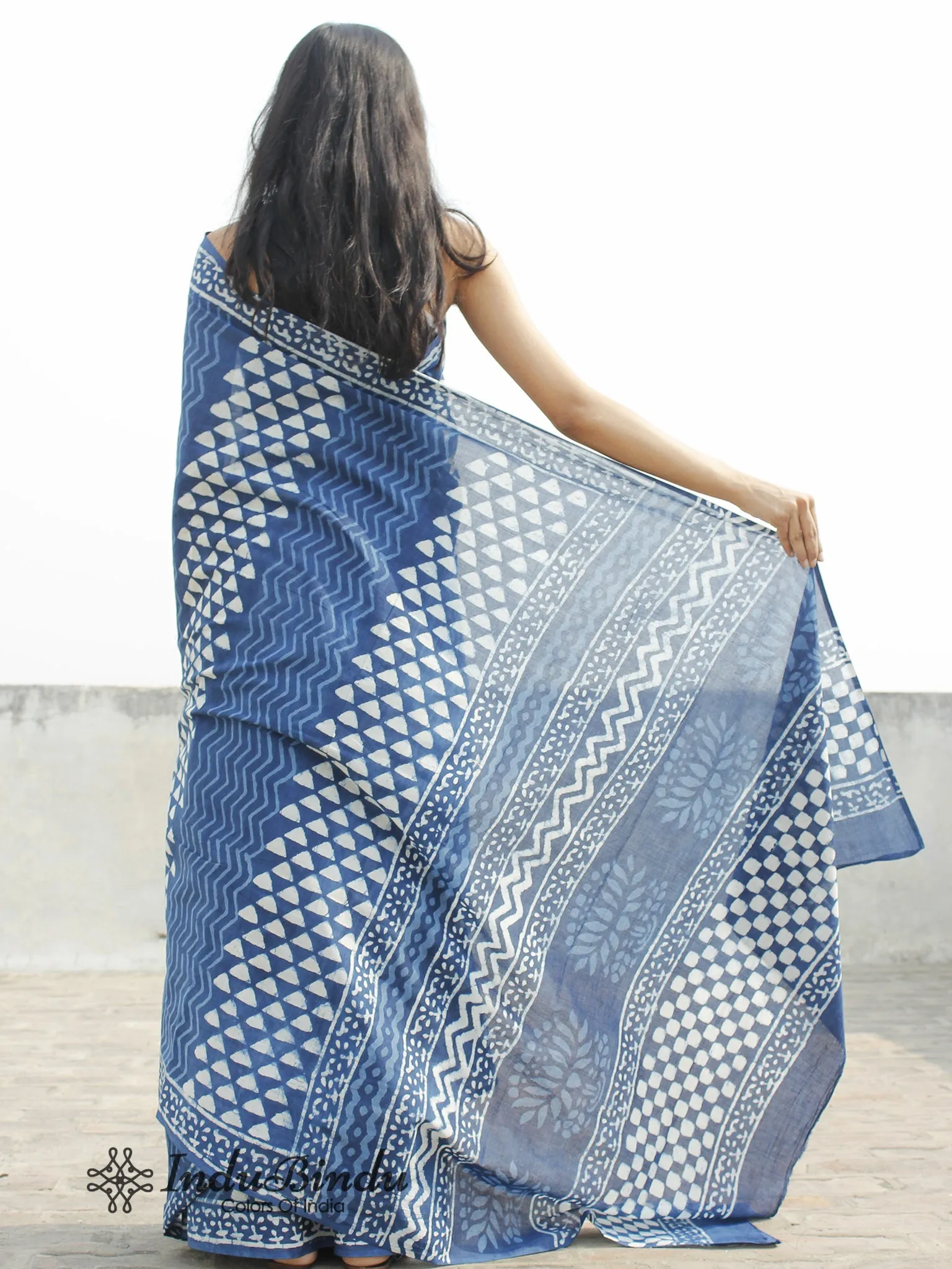 Indigo White Hand Block Printed Cotton Saree In Natural Colors - S031702377