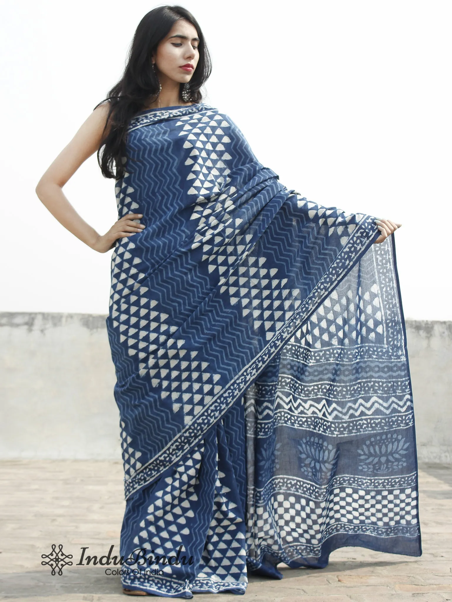 Indigo White Hand Block Printed Cotton Saree In Natural Colors - S031702377