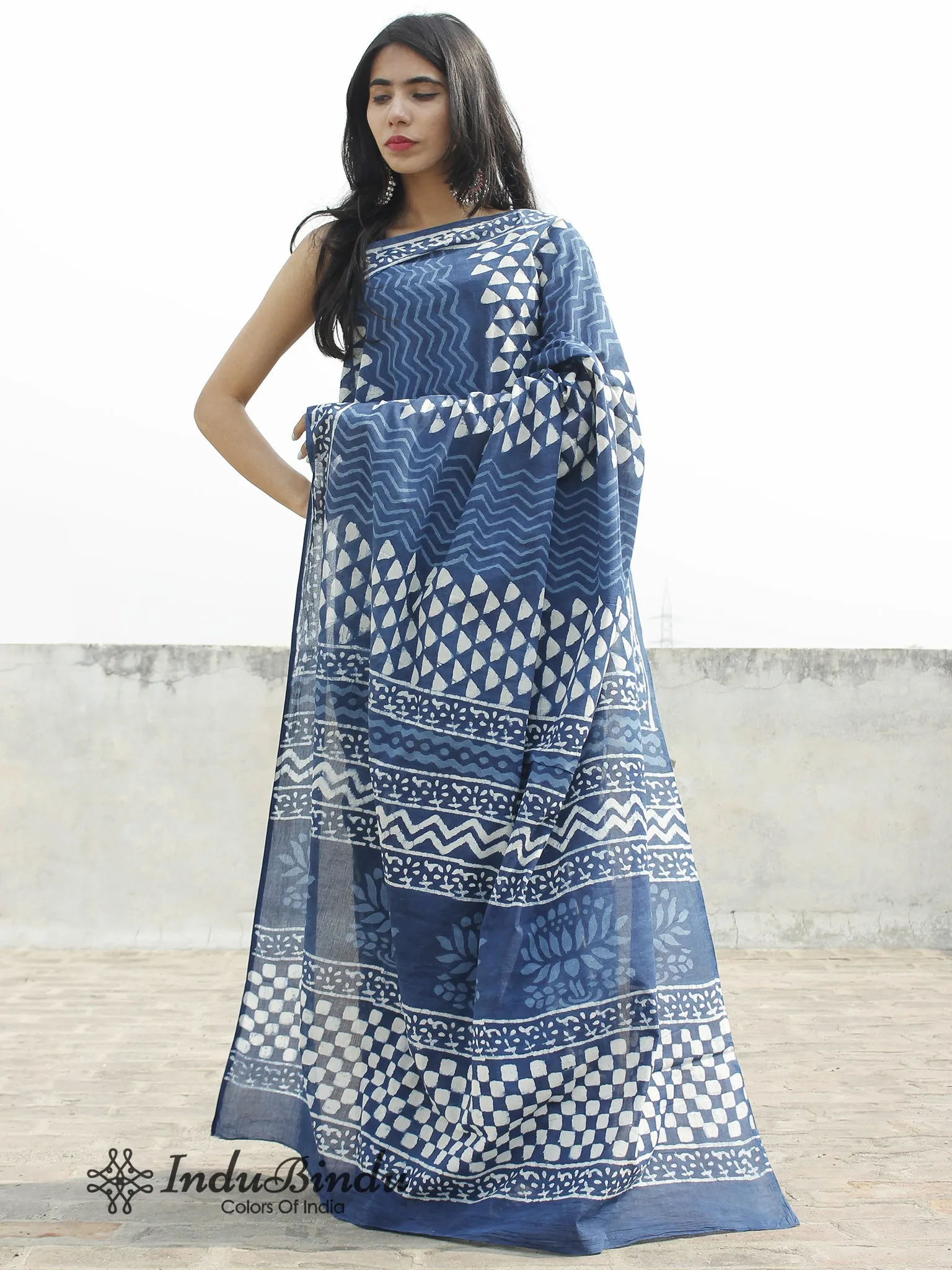 Indigo White Hand Block Printed Cotton Saree In Natural Colors - S031702377