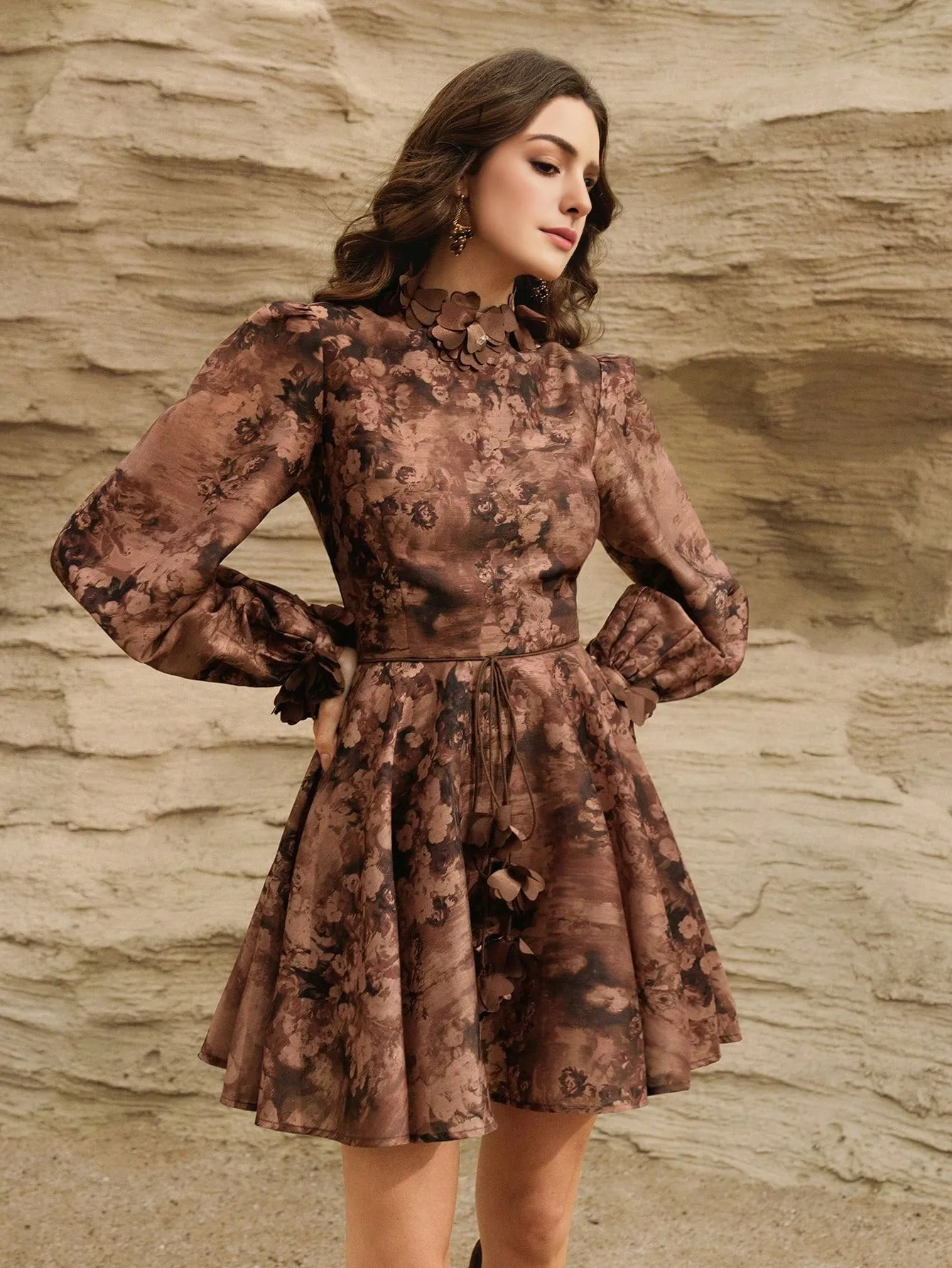 Isabella Elegant Stood-Up Collar Puff Sleeve Floral Decor Vacation Dress