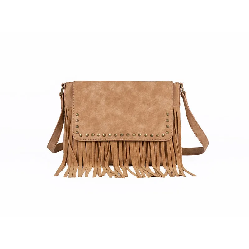 Ladies Vegan Leather Fringe Crossbody Bag Boho Shoulder Purses For Women