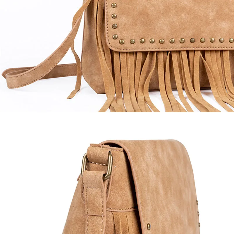 Ladies Vegan Leather Fringe Crossbody Bag Boho Shoulder Purses For Women