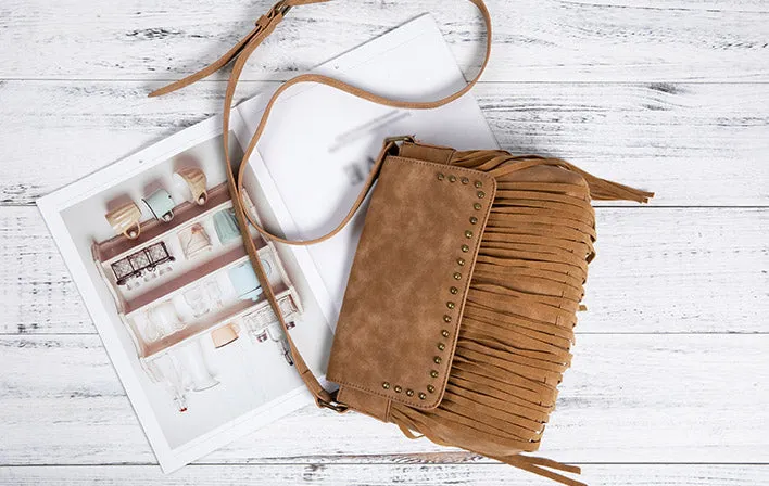 Ladies Vegan Leather Fringe Crossbody Bag Boho Shoulder Purses For Women