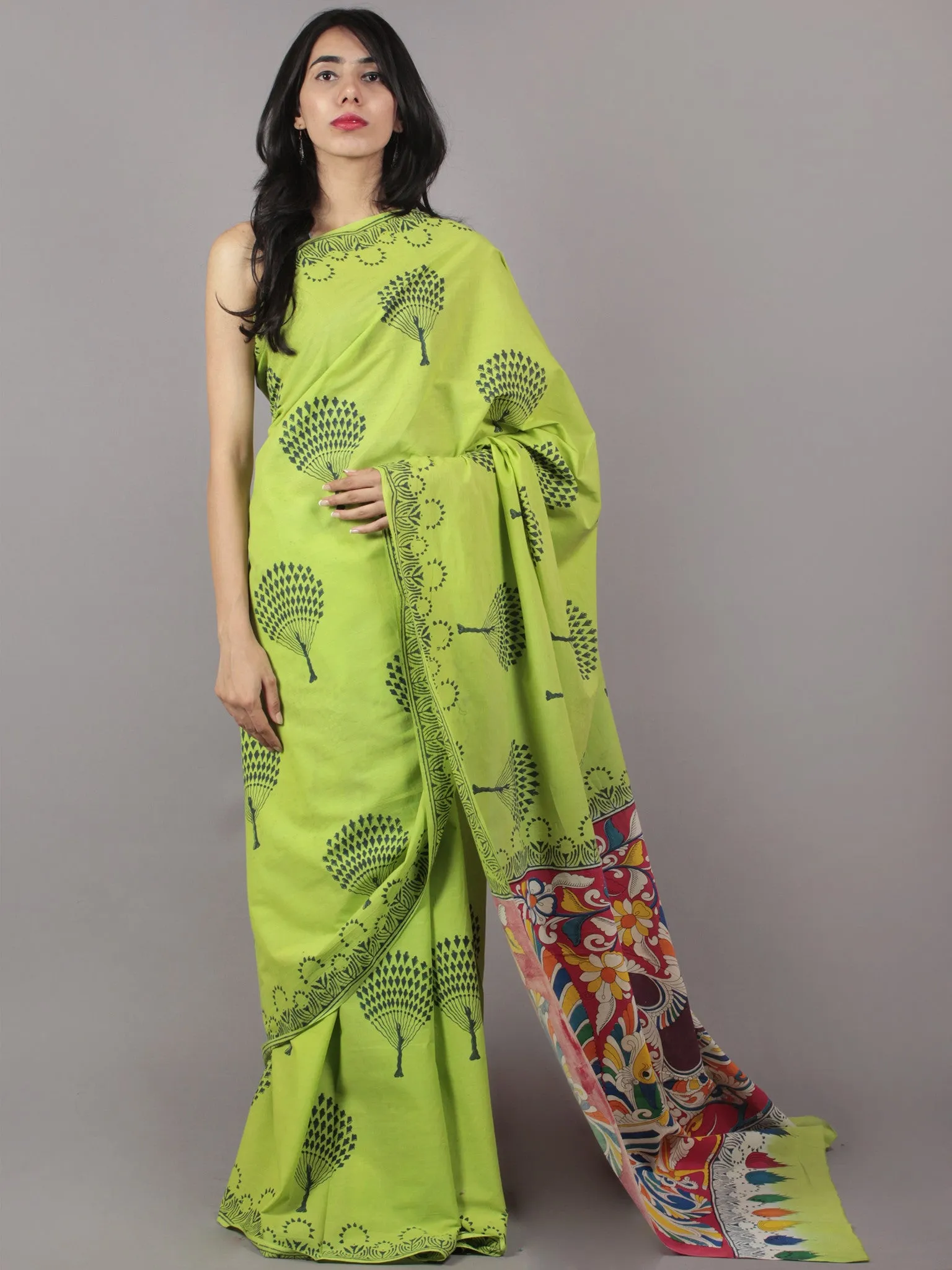 Lime Green Hand Shibori Dyed Cotton Saree With Multi Color Kalamkari Printed Pallu - S031701707