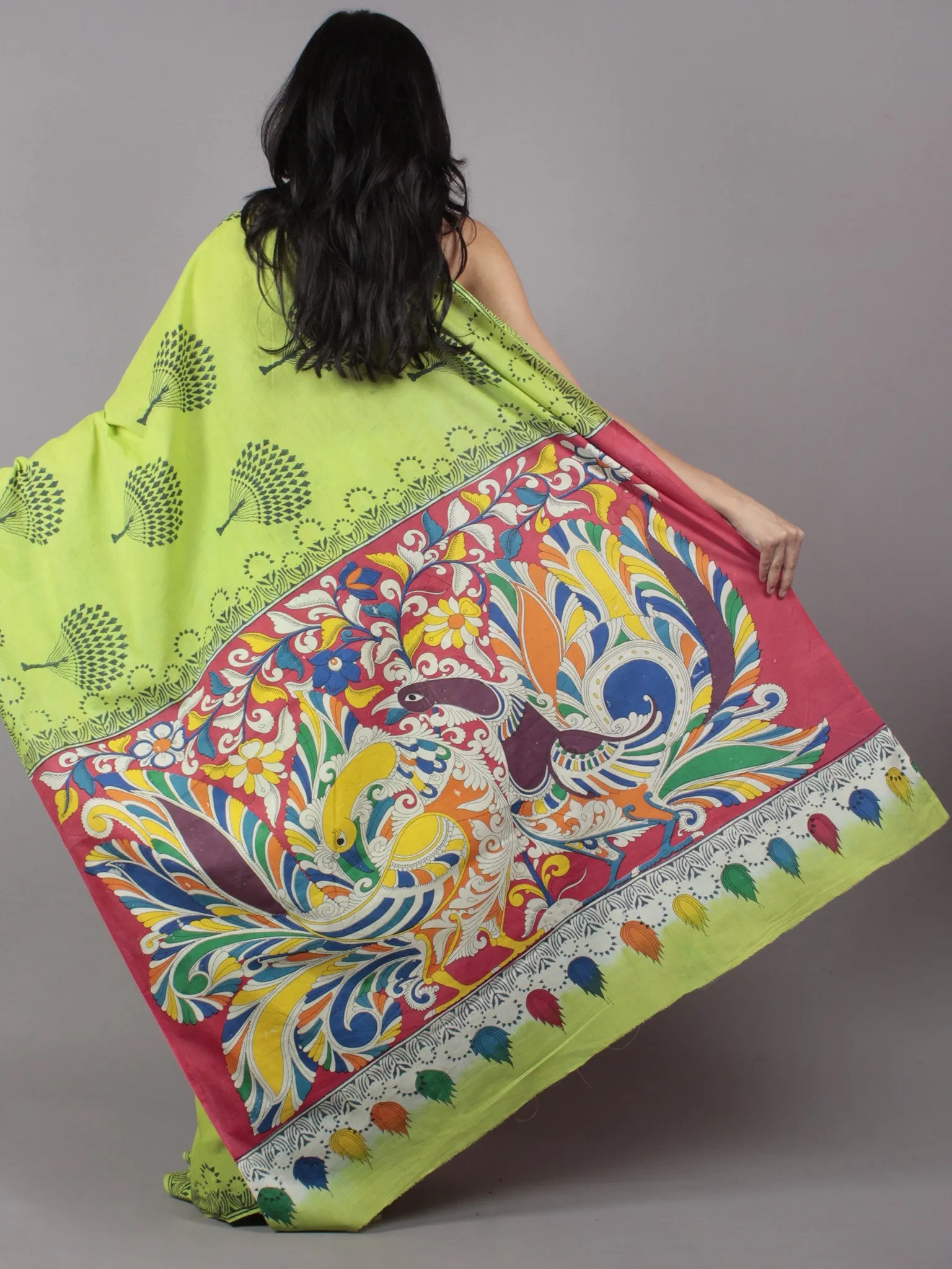 Lime Green Hand Shibori Dyed Cotton Saree With Multi Color Kalamkari Printed Pallu - S031701707