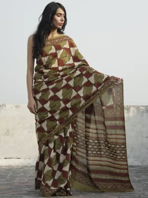 Olive Green Rust Ivory Hand Block Printed Cotton Saree In Natural Colors - S031702304