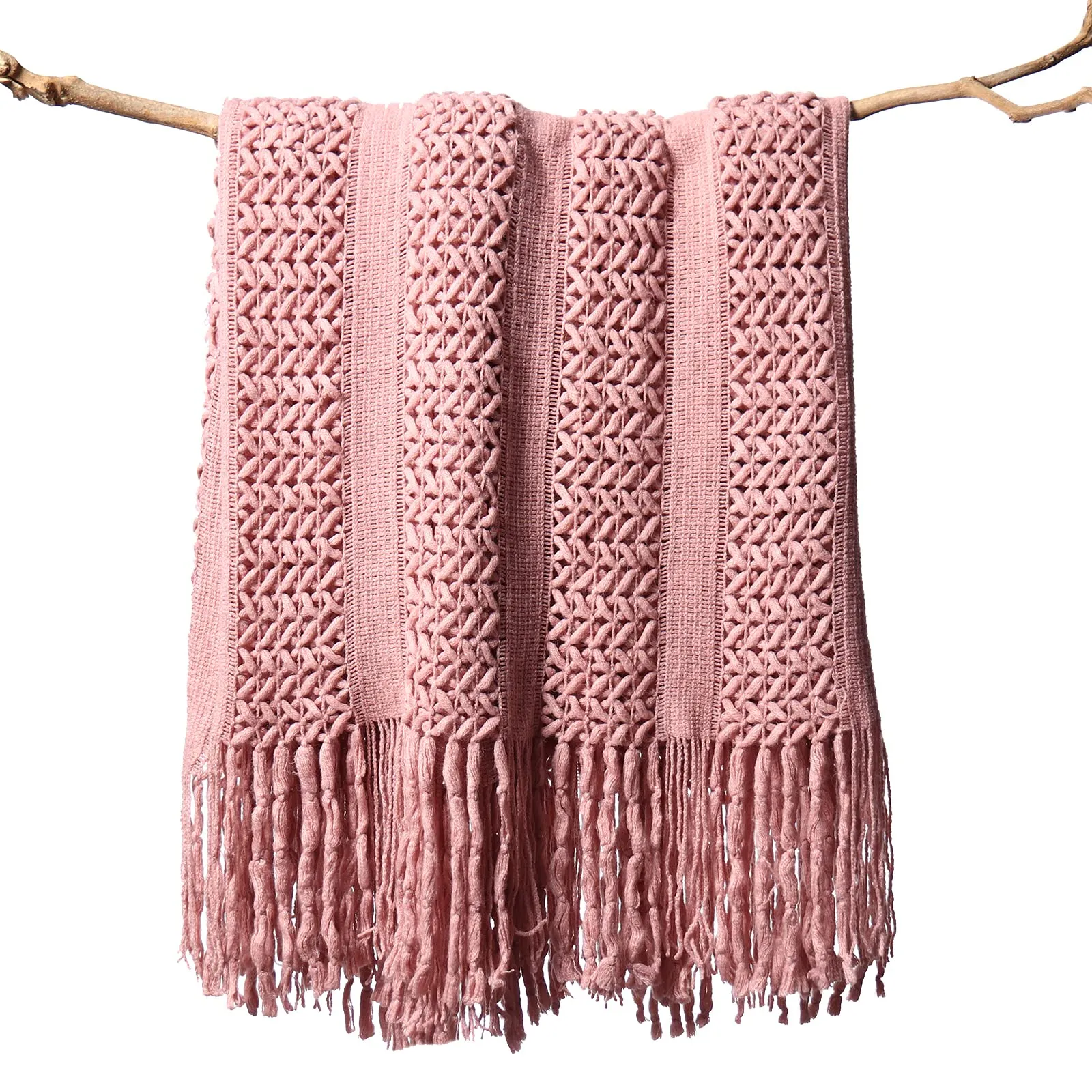 Openwork Woven Tassel Throw Blanket