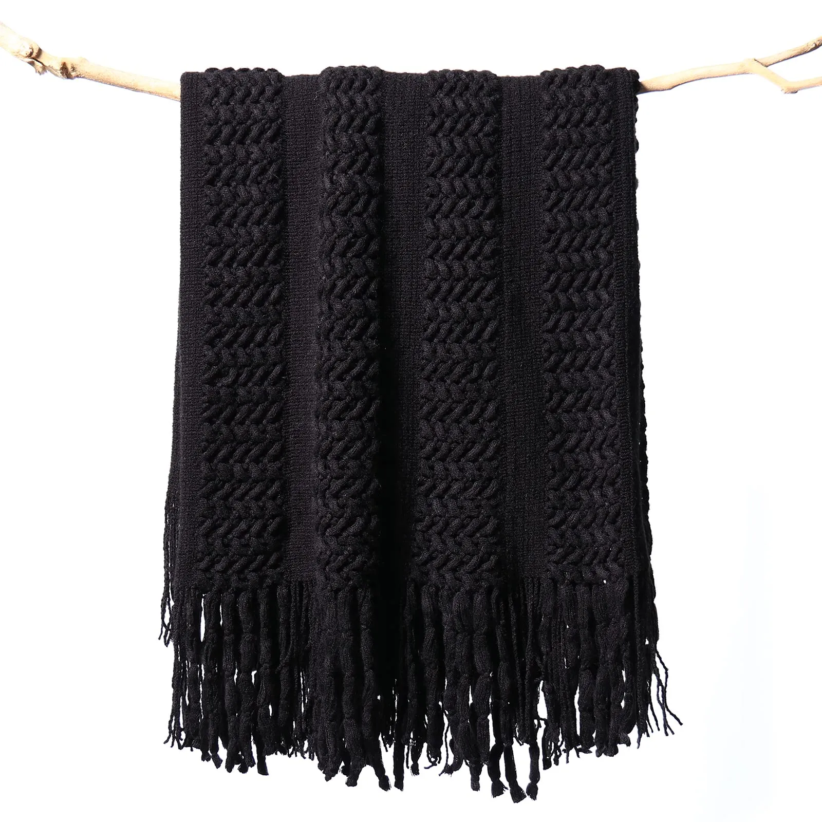 Openwork Woven Tassel Throw Blanket