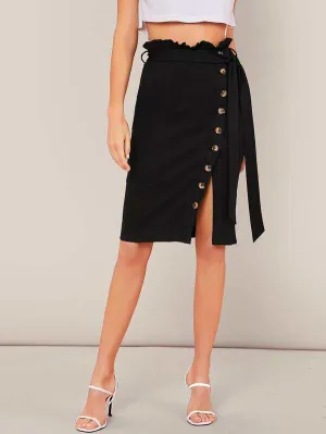 Paperbag Waist Belted Single Breasted Wrap Skirt