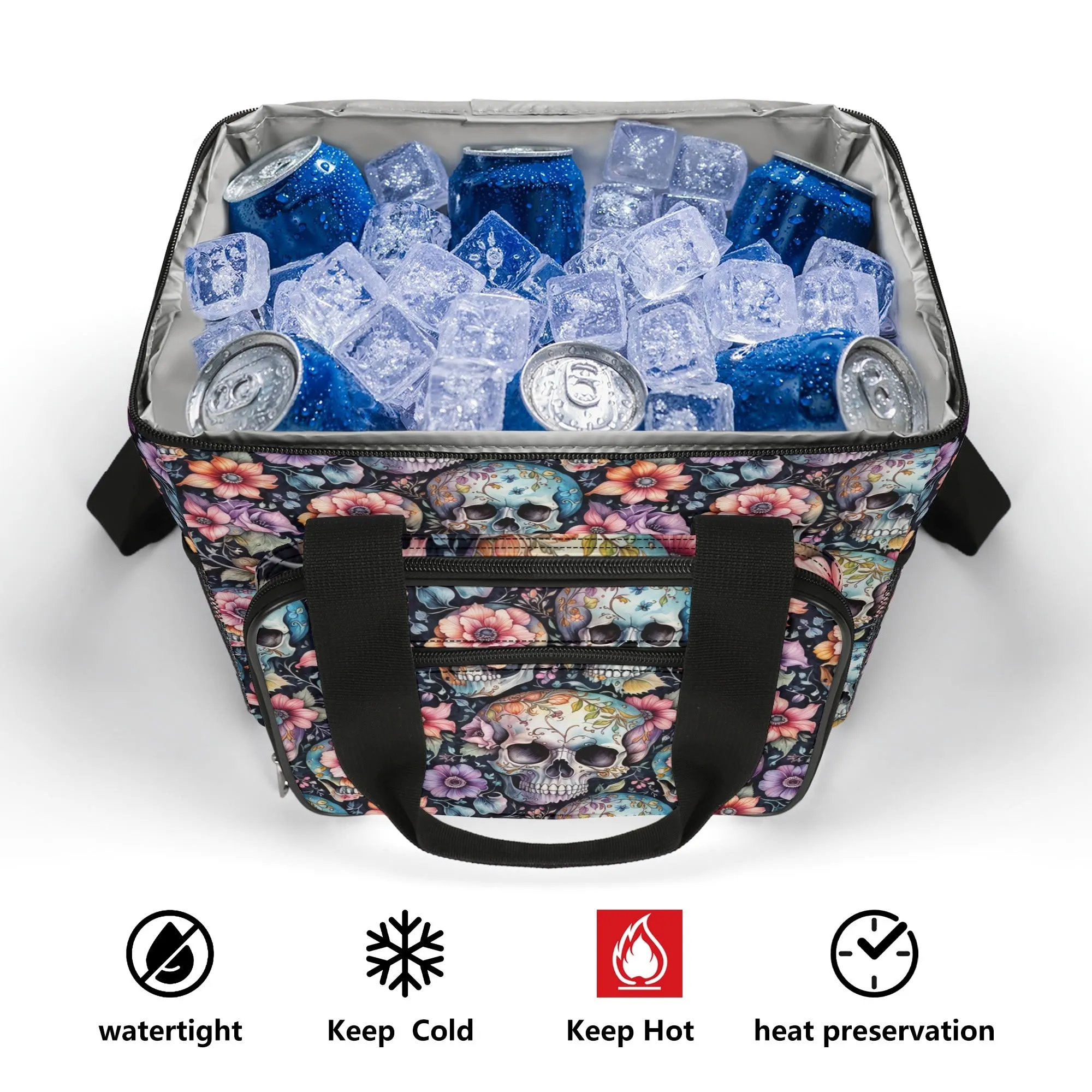 Pastel Floral and Skulls Insulated Leakproof Cooler Bag Lunch Box