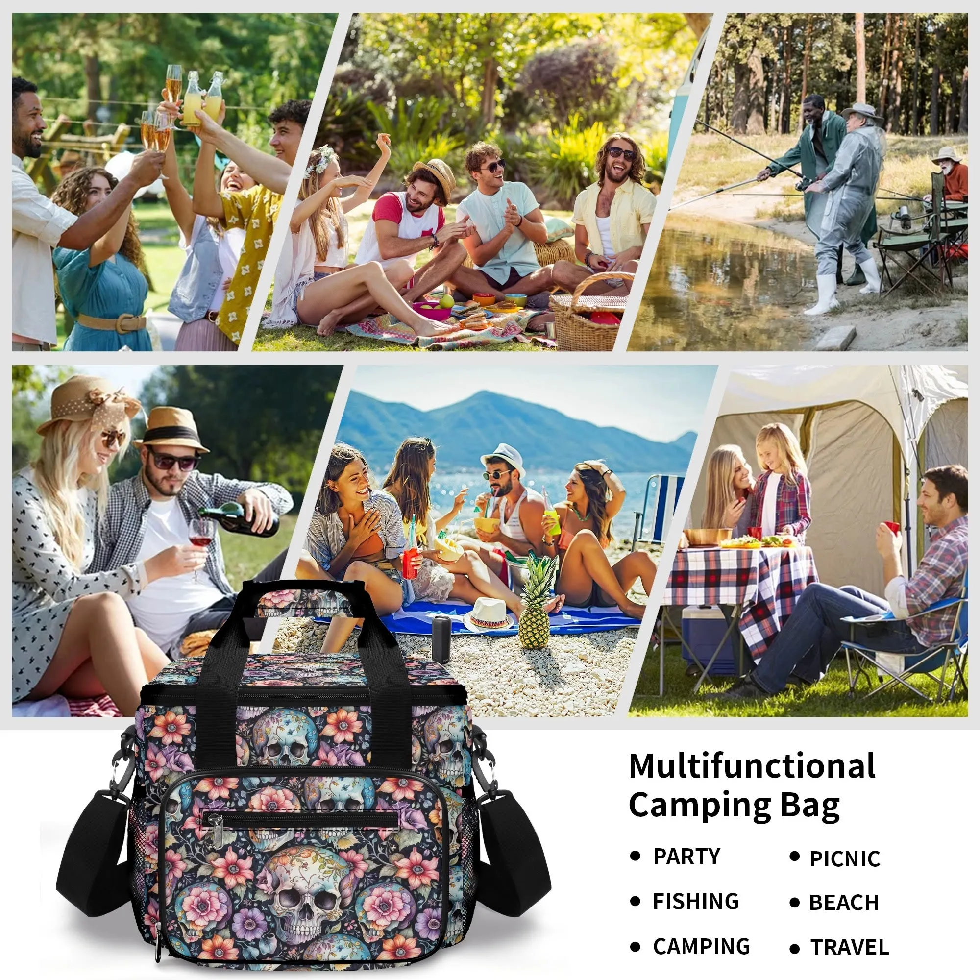 Pastel Floral and Skulls Insulated Leakproof Cooler Bag Lunch Box