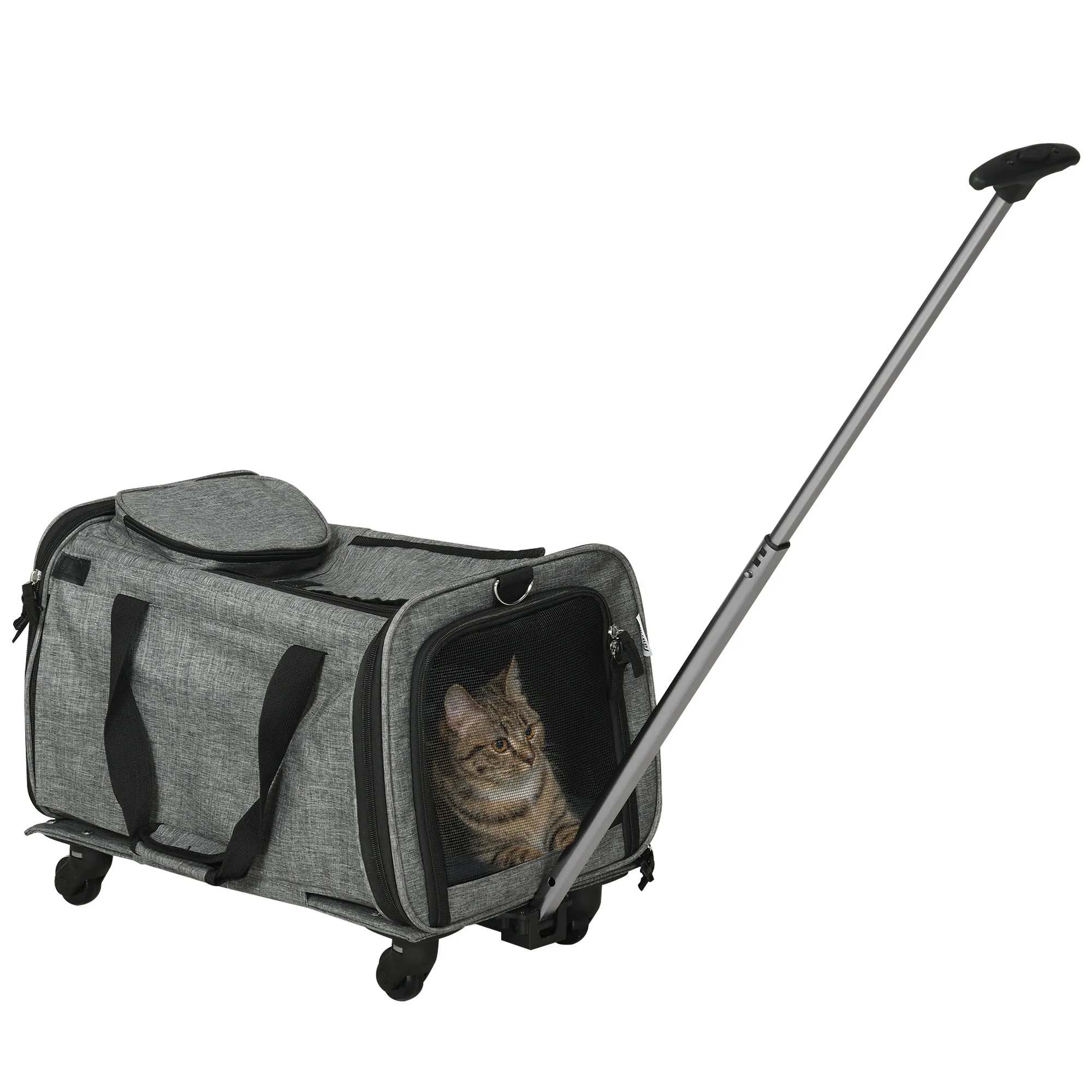 PawHut 4 in 1 Pet Carrier On Wheels for Cats XS Dogs W/ Telescopic Handle, Grey