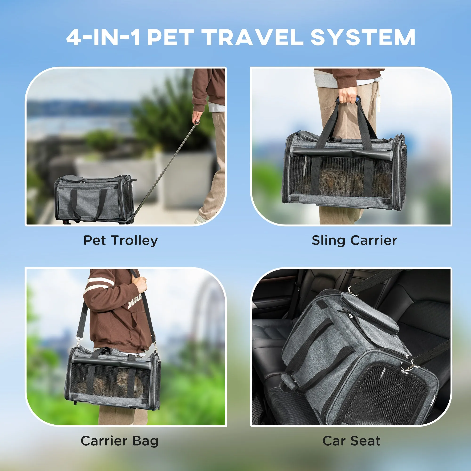 PawHut 4 in 1 Pet Carrier On Wheels for Cats XS Dogs W/ Telescopic Handle, Grey